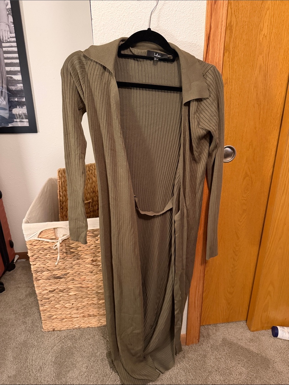 Lulu's Olive Ribbed Maxi Cardigan Dress with Hood